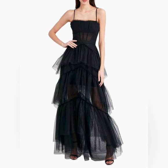 BCBG Sheer Tiered Ruffle Gown - Picture 2 of 5